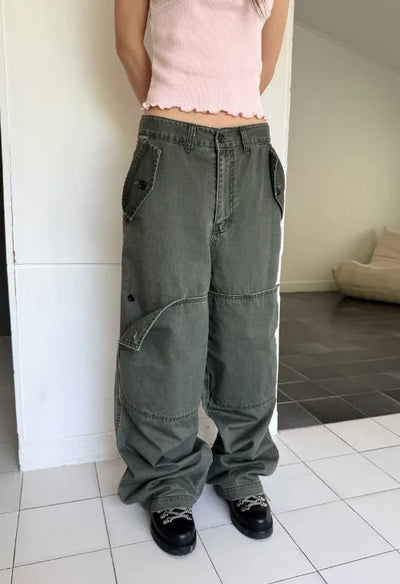 [2 colors] Button flap wide pants