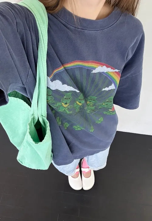 [3 colors] Clover Pigment Band Print Box Fit Short Sleeve Tee