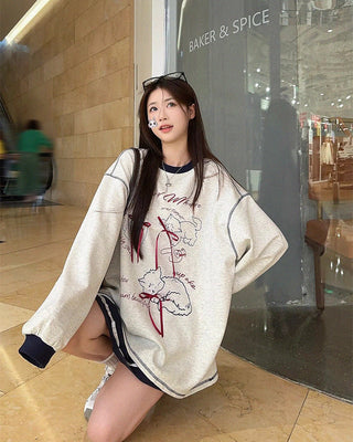 Loose Bow Cartoon Print Long Sleeve Sweatshirt