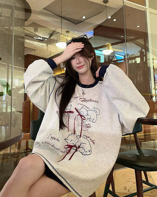 Loose Bow Cartoon Print Long Sleeve Sweatshirt
