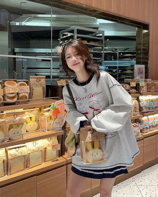 Loose Bow Cartoon Print Long Sleeve Sweatshirt
