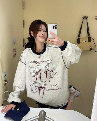 Loose Bow Cartoon Print Long Sleeve Sweatshirt