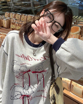 Loose Bow Cartoon Print Long Sleeve Sweatshirt