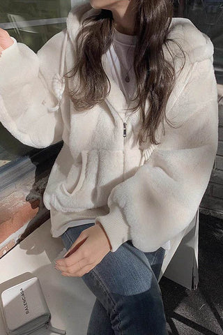 fur coat zip-up hooded sweatshirt