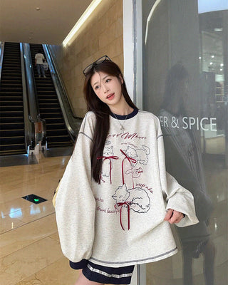Loose Bow Cartoon Print Long Sleeve Sweatshirt