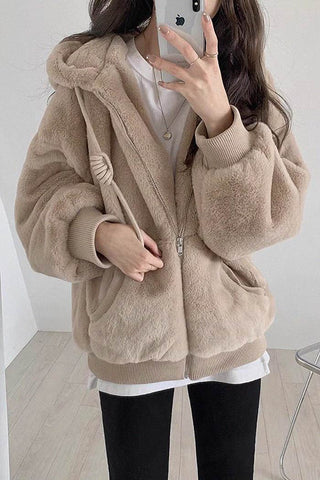 fur coat zip-up hooded sweatshirt