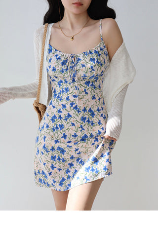 blue floral suspender Dress