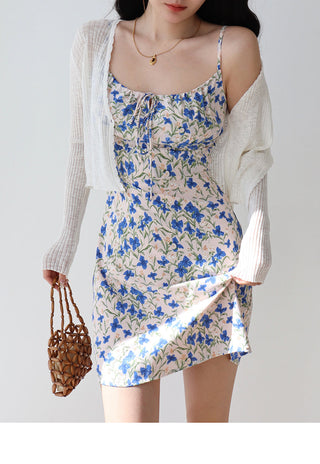 blue floral suspender Dress