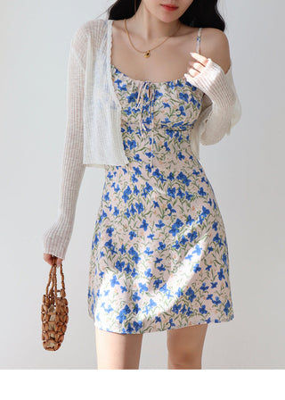 blue floral suspender Dress