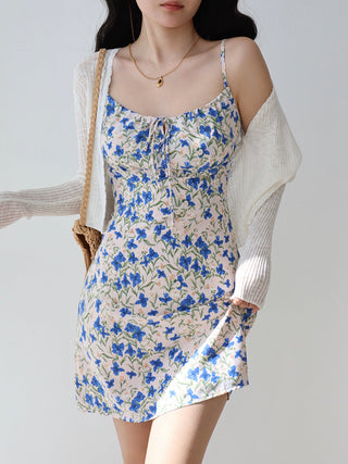 blue floral suspender Dress