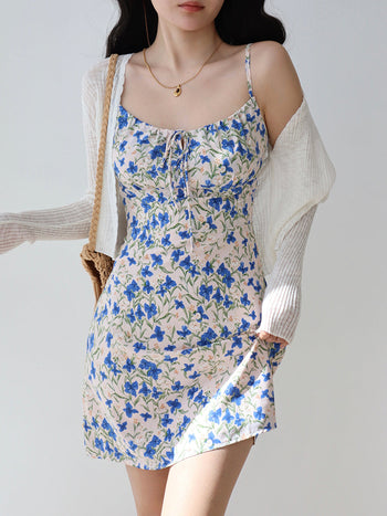 blue floral suspender Dress