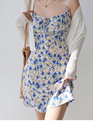 blue floral suspender Dress