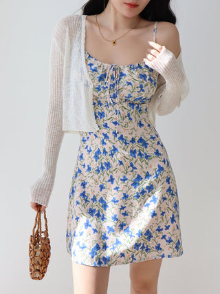 blue floral suspender Dress
