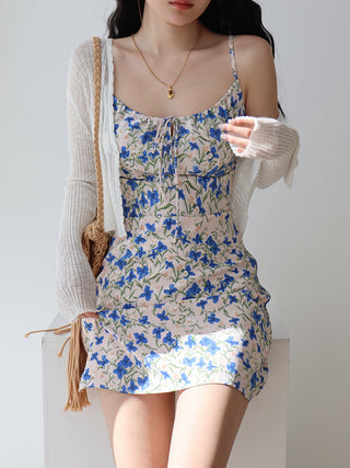 blue floral suspender Dress