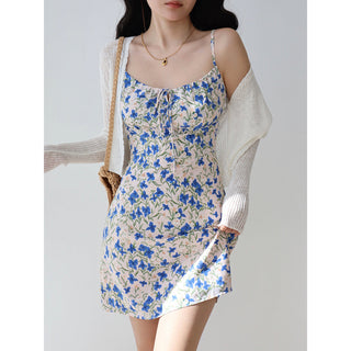 blue floral suspender Dress