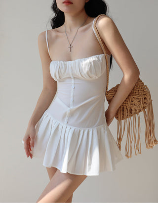 white suspender pleated Dress