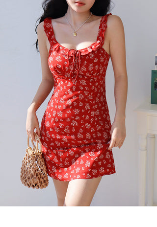 red floral suspender Dress