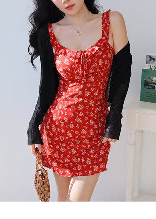 red floral suspender Dress