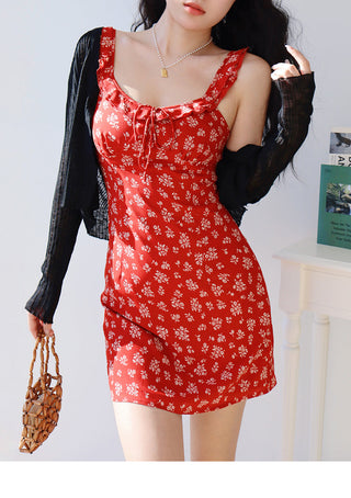 red floral suspender Dress
