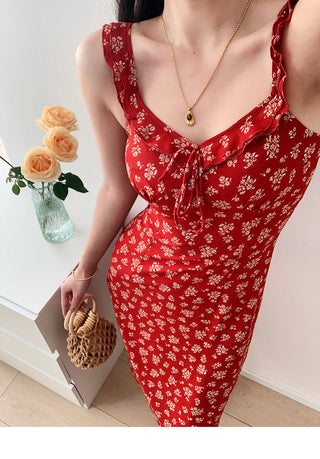 red floral suspender Dress