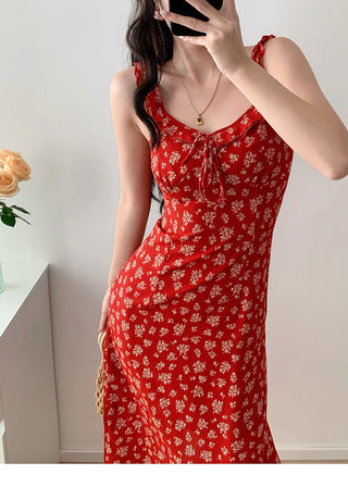 red floral suspender Dress