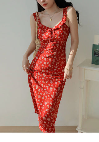 red floral suspender Dress