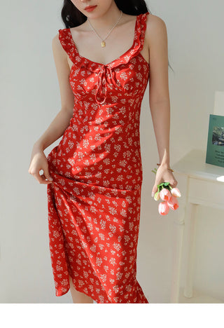 red floral suspender Dress