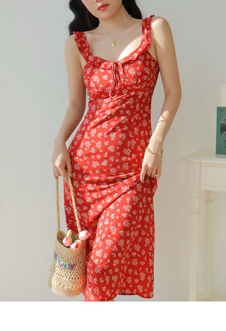 red floral suspender Dress