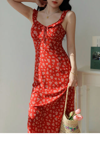 red floral suspender Dress