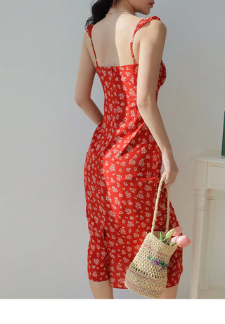 red floral suspender Dress