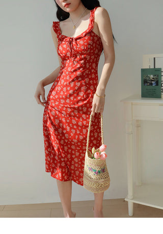 red floral suspender Dress