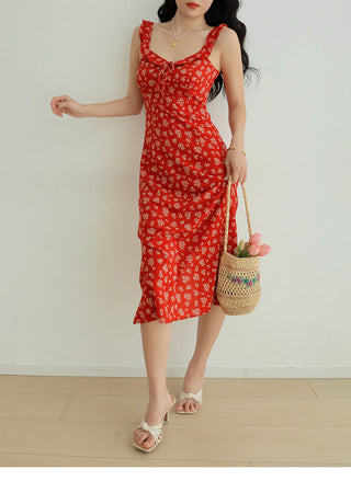 red floral suspender Dress