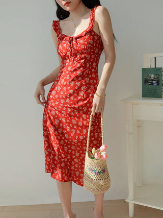 red floral suspender Dress