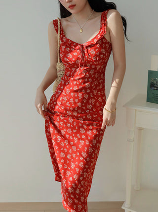 red floral suspender Dress