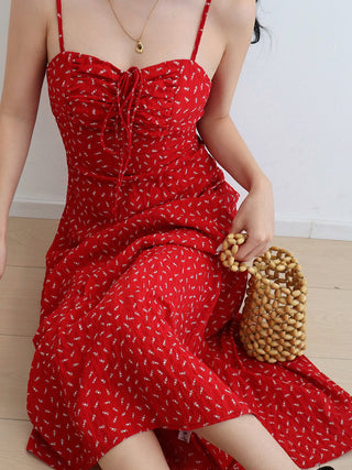 red floral pleated Dress