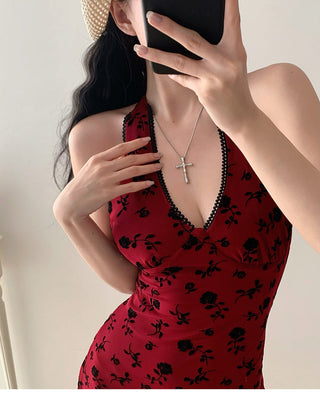wine red halter dress