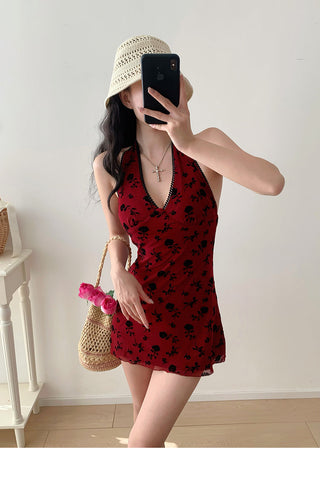 wine red halter dress