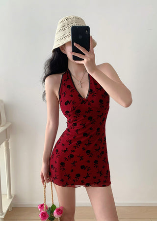 wine red halter dress