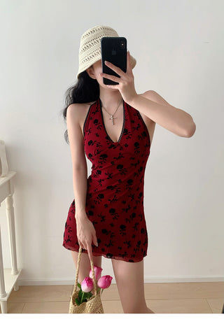 wine red halter dress