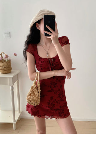 red printed short Dress