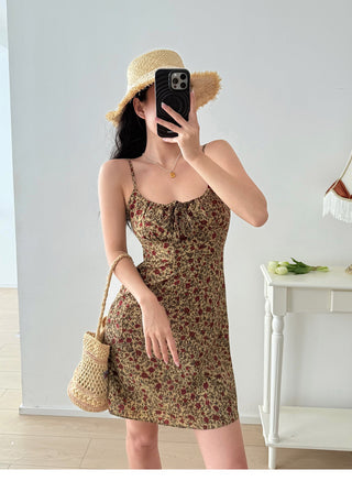 brown lace-up floral Dress