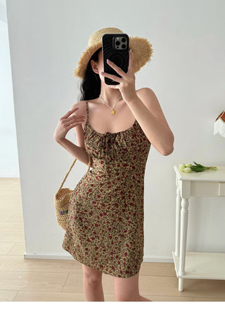 brown lace-up floral Dress