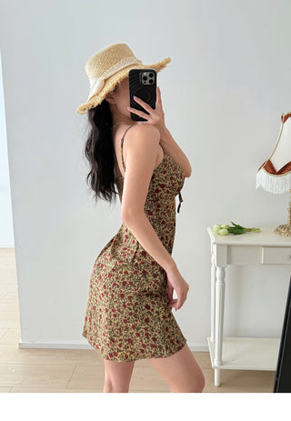 brown lace-up floral Dress