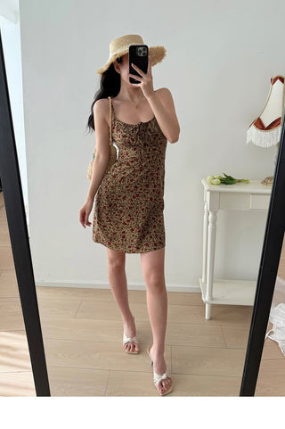 brown lace-up floral Dress