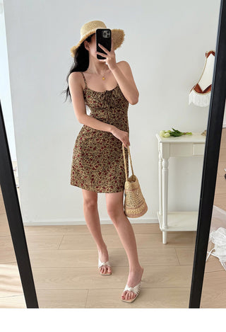 brown lace-up floral Dress