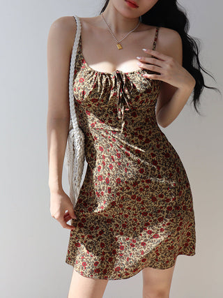 brown lace-up floral Dress