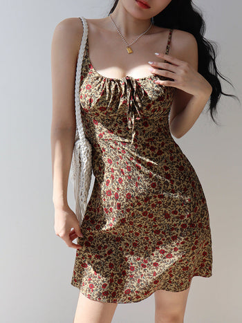 brown lace-up floral Dress