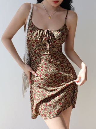 brown lace-up floral Dress