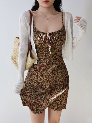 brown lace-up floral Dress