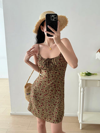 brown lace-up floral Dress
